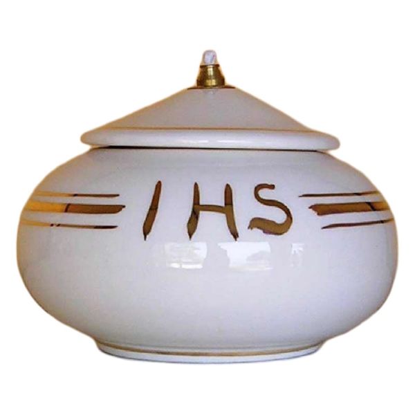 Picture of IHS oil & liquid wax altar Lamp 15 cm (5,9 inch) white & gold Deruta ceramic