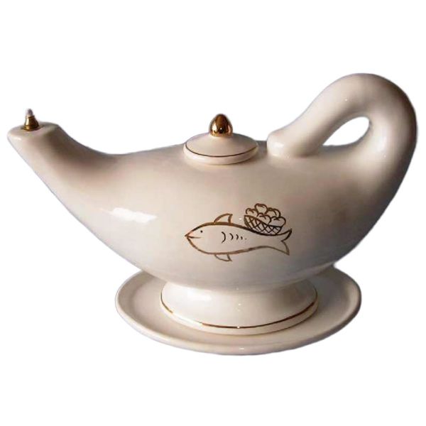 Picture of oil & liquid wax Aladdin Lamp 32 cm (12,6 inch) Loaves Fishes white & gold Deruta ceramic 