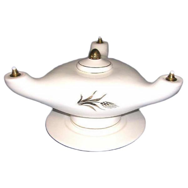 Picture of 3-Flames oil & liquid wax Lamp 25 cm (9,8 inch) Spikes white & gold Deruta ceramic