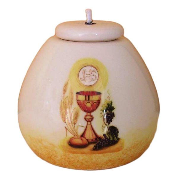 Immagine di Set 4 Lampade olio e cera liquida 8 cm Prima Comunione ceramica Deruta