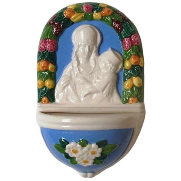 Picture of Virgin Mary and Child with Flowers Holy Water Stoup 15 cm (5,9 inch) Della Robbia ceramic
