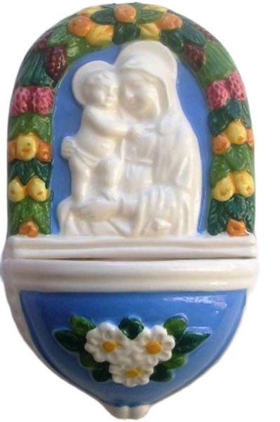 Imagen de Virgen con el Niño y Flores Benditera 15 cm cerámica Luca della Robbia