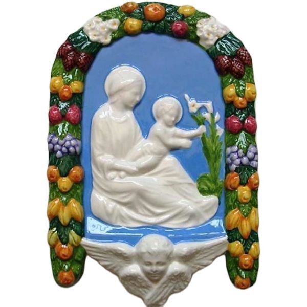 Imagen de Virgen con el Niño y Lilio Retablo de pared 25 cm cerámica Luca della Robbia