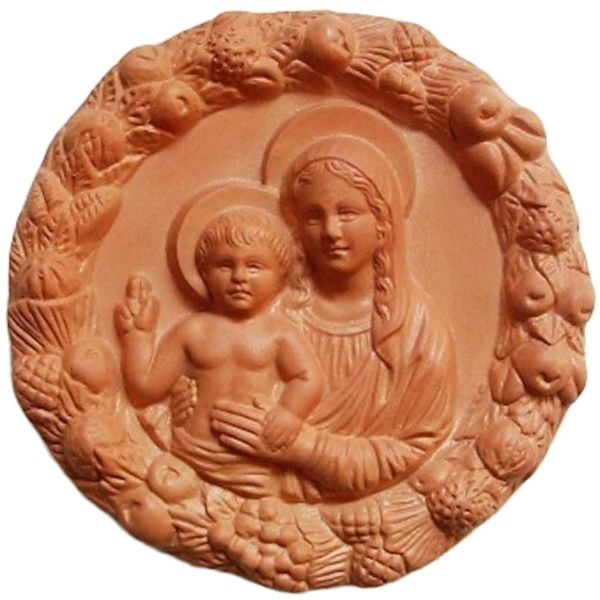 Immagine di Madonna con Bambino Tondo da muro 16 cm terracotta invetriata Della Robbia