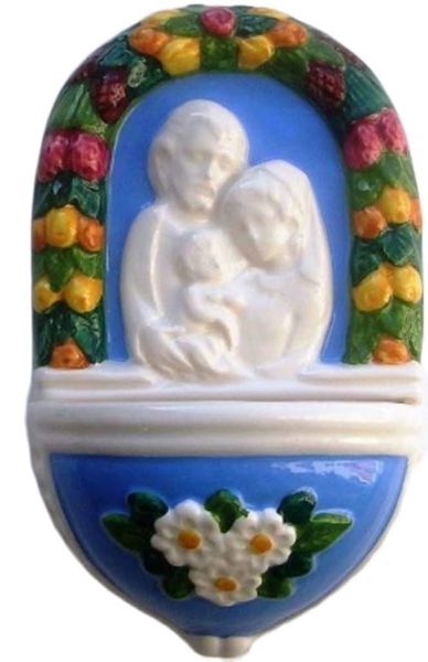 Picture of  Holy Family with Flowers Holy Water Stoup 15 cm (5,9 inch) Della Robbia ceramic