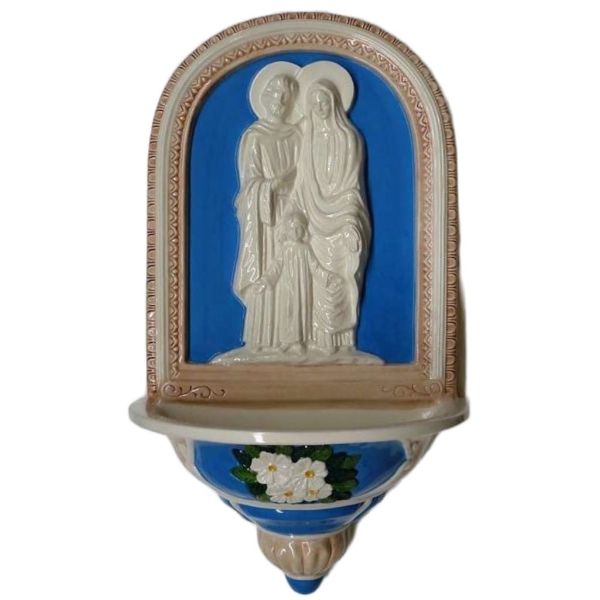 Immagine di Sacra Famiglia e Fiori Acquasantiera 59x36x20 cm ceramica Robbiana