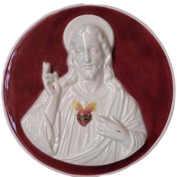 Picture of Sacred heart of Jesus 28 cm (11 inch) red Della Robbia ceramic wall tondo