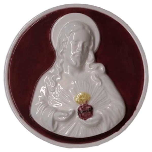 Picture of Sacred heart of Jesus 16 cm (6,3 inch) red Deruta glazed ceramic wall tondo