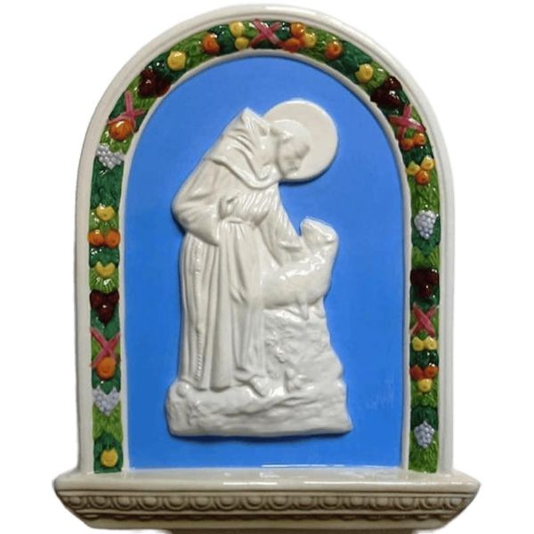 Immagine di San Francesco e la Pecora Pala da muro 33x26 cm ceramica Robbiana