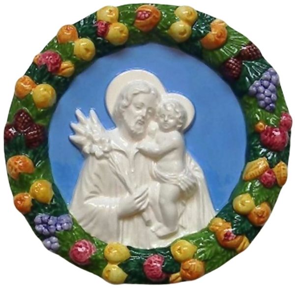 Immagine di San Giuseppe Tondo da muro 22 cm ceramica invetriata Della Robbia