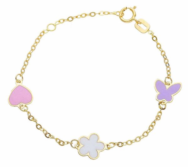 Immagine di Bracciale Battesimo bimba 3 Fiori oro giallo 18k e smalto | 14 cm 