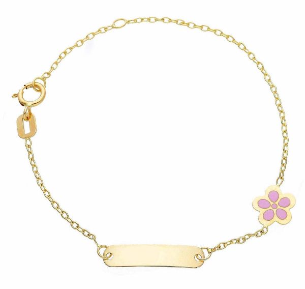 Immagine di Bracciale Battesimo bimba Fiore oro giallo 18k e smalto rosa | Tag | 14 cm 