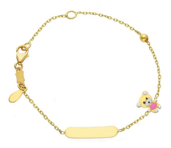 Immagine di Bracciale Battesimo bimba Orso oro giallo 18k e smalto rosa | Tag | 14 cm 