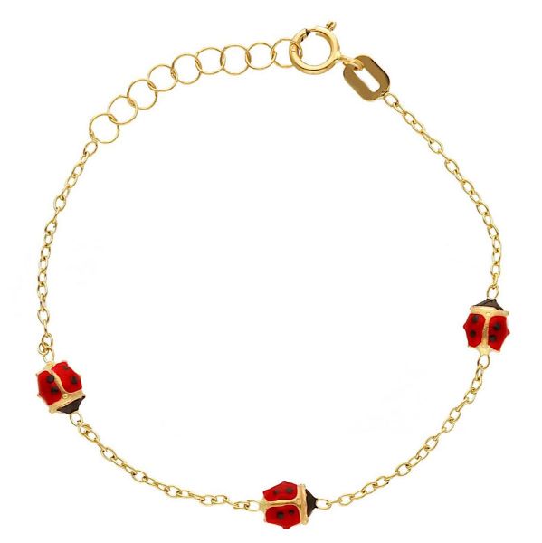 Imagen de Pulsera de Bautizo Mariquita oro amarillo 18k y esmalte | 14,5 cm