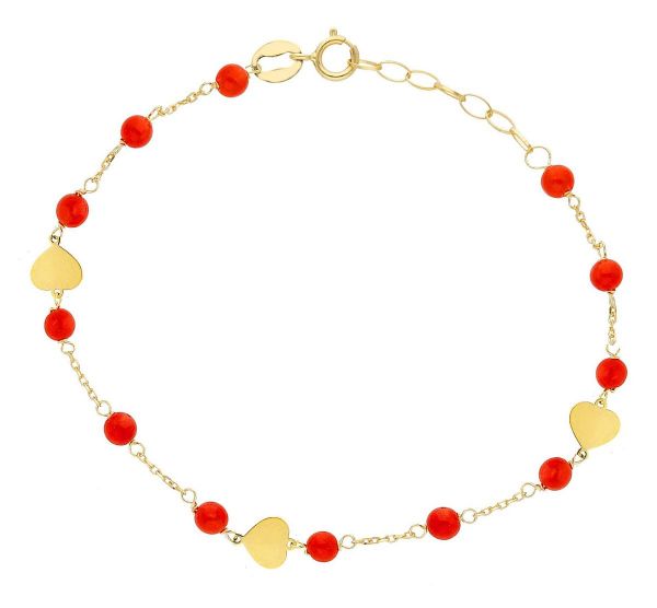 Imagen de Pulsera de Bautizo niña Corazón oro amarillo 18k y coral | 14+2 cm