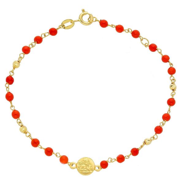 Imagen de Pulsera de Bautizo Ángel oro amarillo 18k y coral | 16 cm