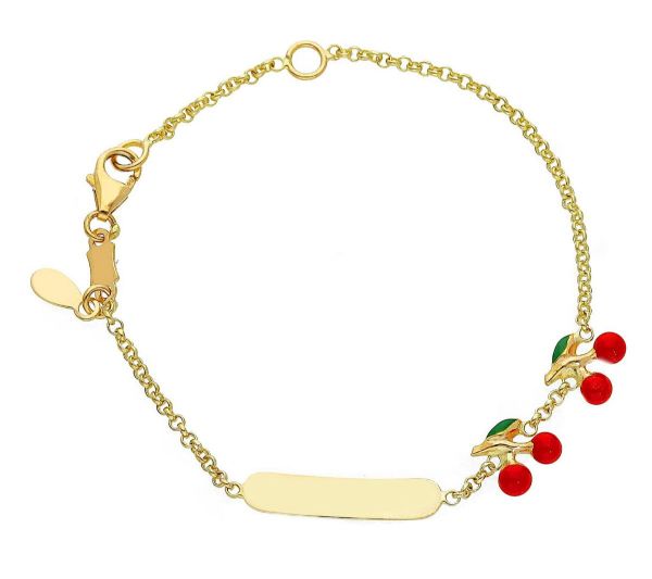 Immagine di Bracciale Battesimo bimba Ciliegie oro giallo 18k smalto | Tag | 12+2 cm