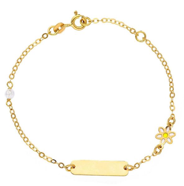 Immagine di Bracciale Battesimo bimba Fiore oro giallo 18k smalto pietre | Tag | 14+2 cm