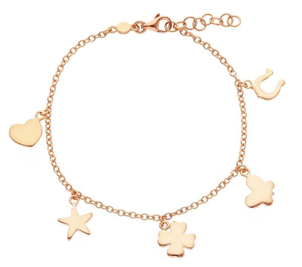 Immagine di Bracciale Battesimo bimba 5 charms porta Fortuna oro rosa 18k | 16+2 cm 