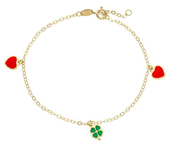 Imagen de Pulsera de Bautizo niña Corazón y Trébol de 4 hojas oro 18k | 17+2 cm