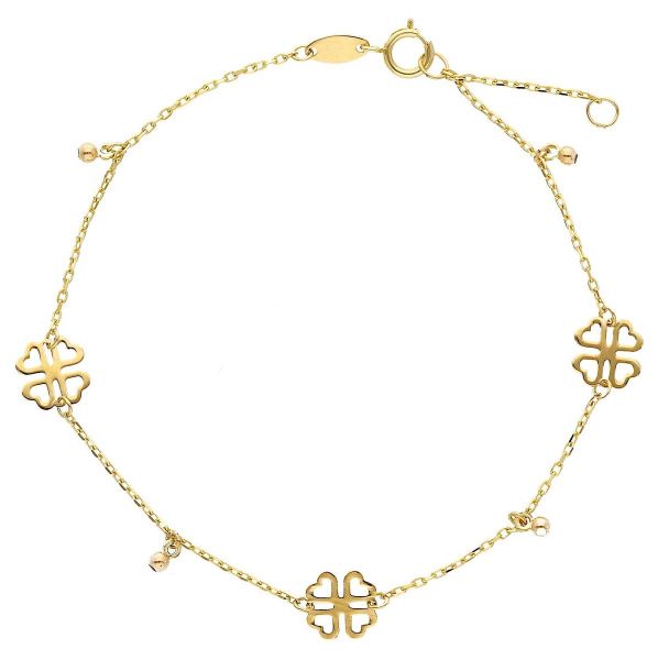 Picture of 9k yellow gold 4-leaf Clover & spheres Christening Bracelet for Girls | 17+2 cm