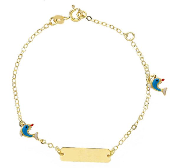 Immagine di Bracciale Battesimo Delfini junior oro giallo 9k smalto | Tag | 14+2 cm