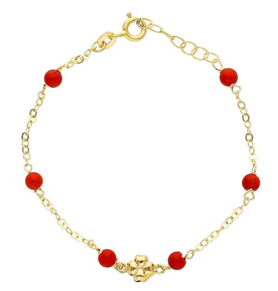 Imagen de Pulsera de Bautizo Trébol de 4 hojas oro amarillo 9k y coral | 14+2 cm
