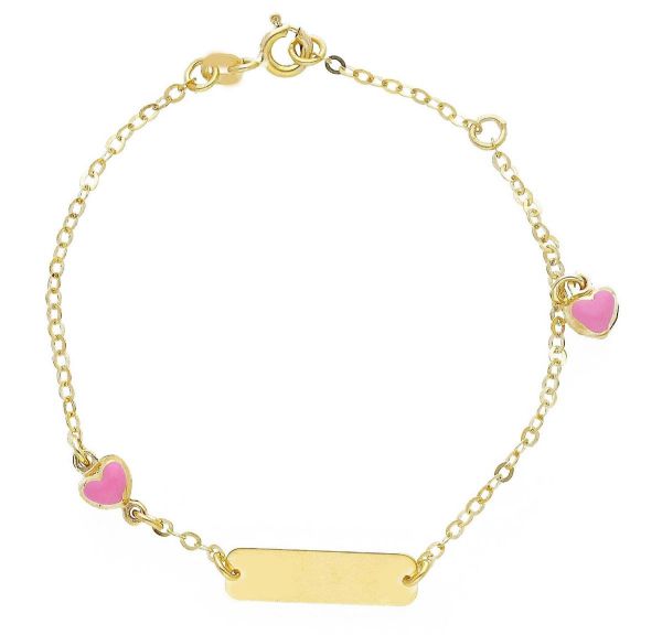 Immagine di Bracciale Battesimo bimba Cuori oro giallo 9k smalto | Tag | 14+2 cm