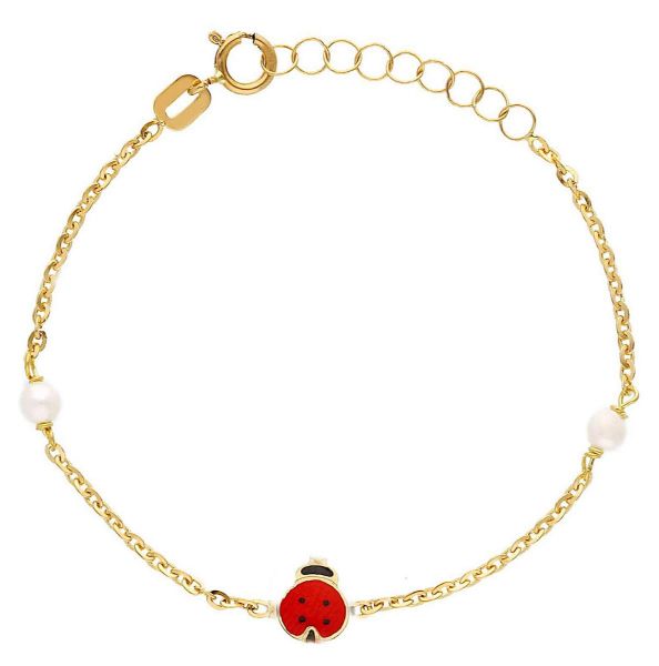 Immagine di Bracciale Comunione bambina Coccinella oro giallo 18k smalto e perle | 16 cm 
