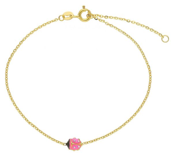Imagen de Pulsera Primera Comunión Mariquita oro 9k y esmalte rosa | 16+3 cm