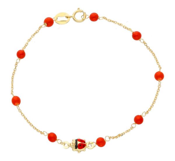 Immagine di Bracciale Prima Comunione Coccinella oro giallo 18k e corallo | 15 cm 