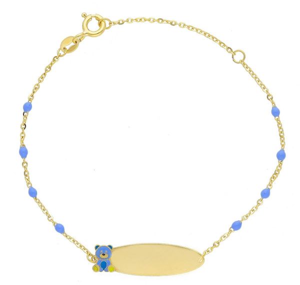 Immagine di Bracciale Cresima Orsetto oro giallo 9k e smalto blu | Tag | 14+3 cm 