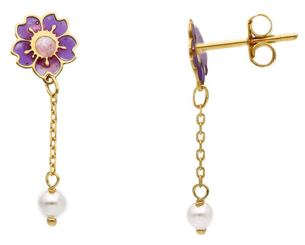 Imagen de Pendientes Flor oro amarillo 18k esmalte y perla