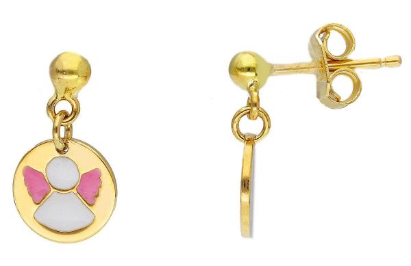 Imagen de Pendientes Angelito oro amarillo 18k y esmalte rosa