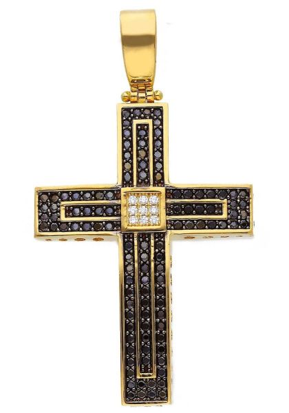 Imagen de Cruz de circones blancos y negros oro amarillo 18k para hombre