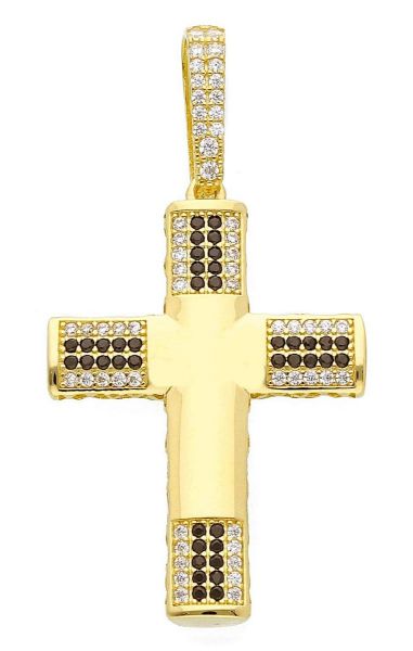 Imagen de Cruz oro amarillo 18k piedras blancas y negras para hombre
