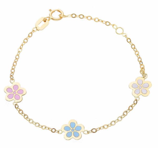 Imagen de Pulsera niña 3 Flores oro amarillo 18k y esmalte | 14 cm