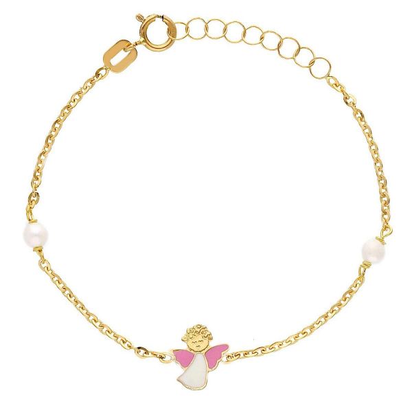 Imagen de Pulsera niña Ángel oro amarillo 18k esmalte y perlas | 16 cm