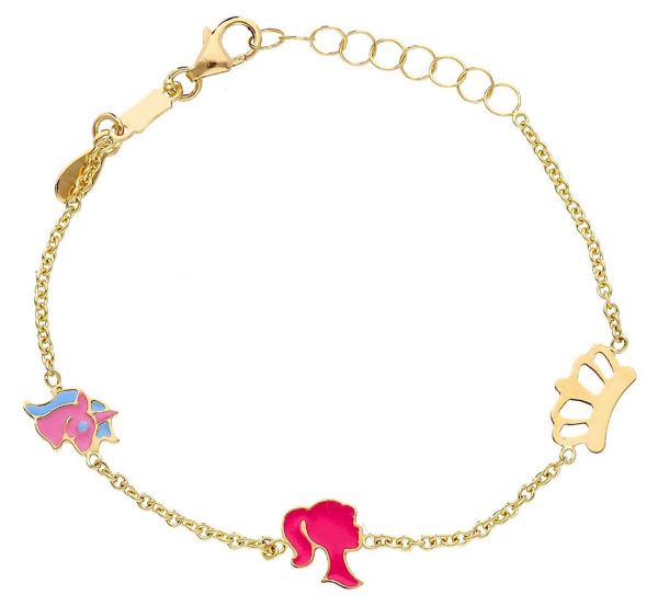 Imagen de Pulsera niña Barbie y Unicornio oro amarillo 18k y esmalte | 14 cm