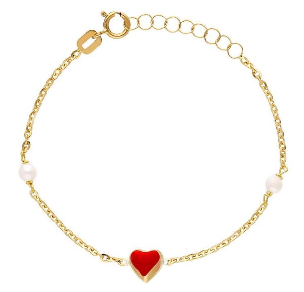 Picture of Enamel Heart Bracelet for girls | 18k yellow gold, pearls | 16 cm