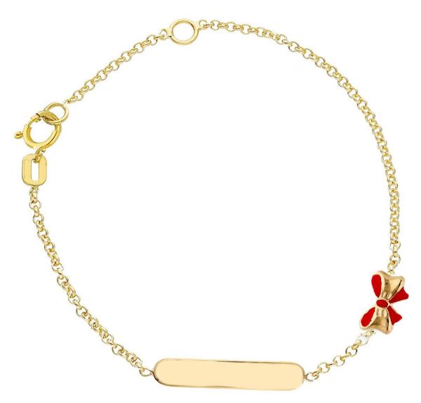 Imagen de Pulsera niña Lazo oro 18k y esmalte | Tag personalizado | 14 cm