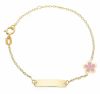 Immagine di Bracciale bimba Fiore oro giallo 18k e smalto rosa | Tag personalizzato | 14 cm 