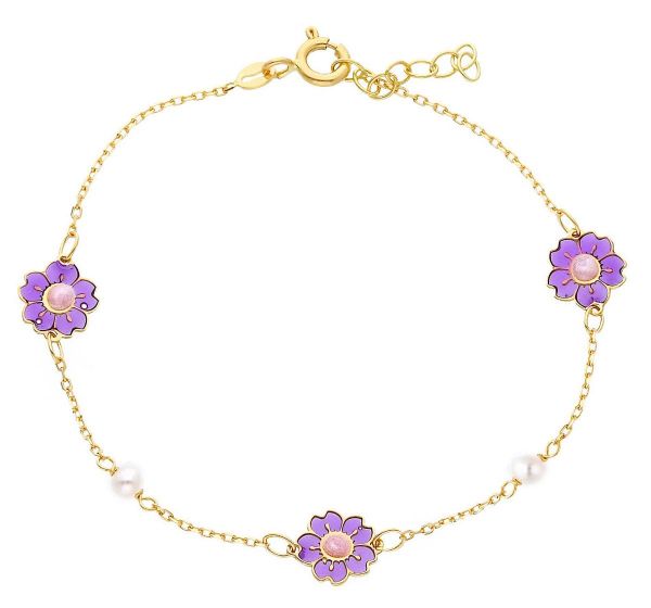 Immagine di Bracciale bimba Fiore oro giallo 18k smalto e perla | 15+2 cm 