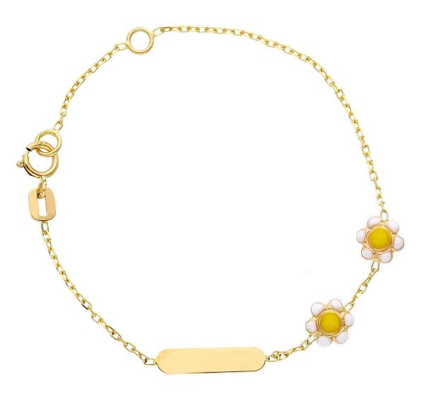 Immagine di Bracciale bimba Fiori oro giallo 18k smalto | Tag personalizzato | 14 cm 