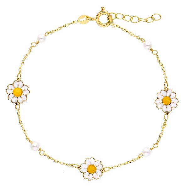 Imagen de Pulsera niña Margarita oro amarillo 18k esmalte y perla | 16+2 cm