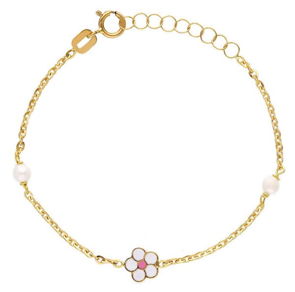 Immagine di Bracciale bimba Margherita oro giallo 18k smalto e perle | 16 cm 