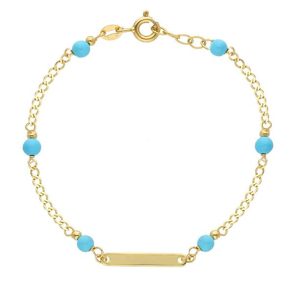 Immagine di Bracciale baby oro giallo 18k turchese | Tag personalizzato | 14 cm