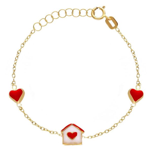Immagine di Bracciale Casetta e Cuori oro giallo 18k e smalto | 16 cm 