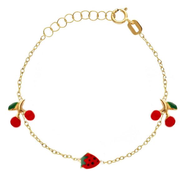 Imagen de Pulsera Cerezas y Fresa oro amarillo 18k y esmalte | 12+2 cm