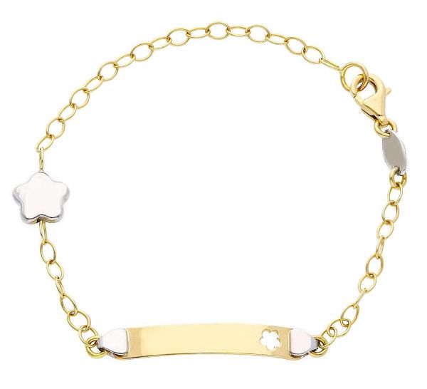 Imagen de Pulsera Flores oro bicolor 18k | Placa personalizable | 15,5 cm